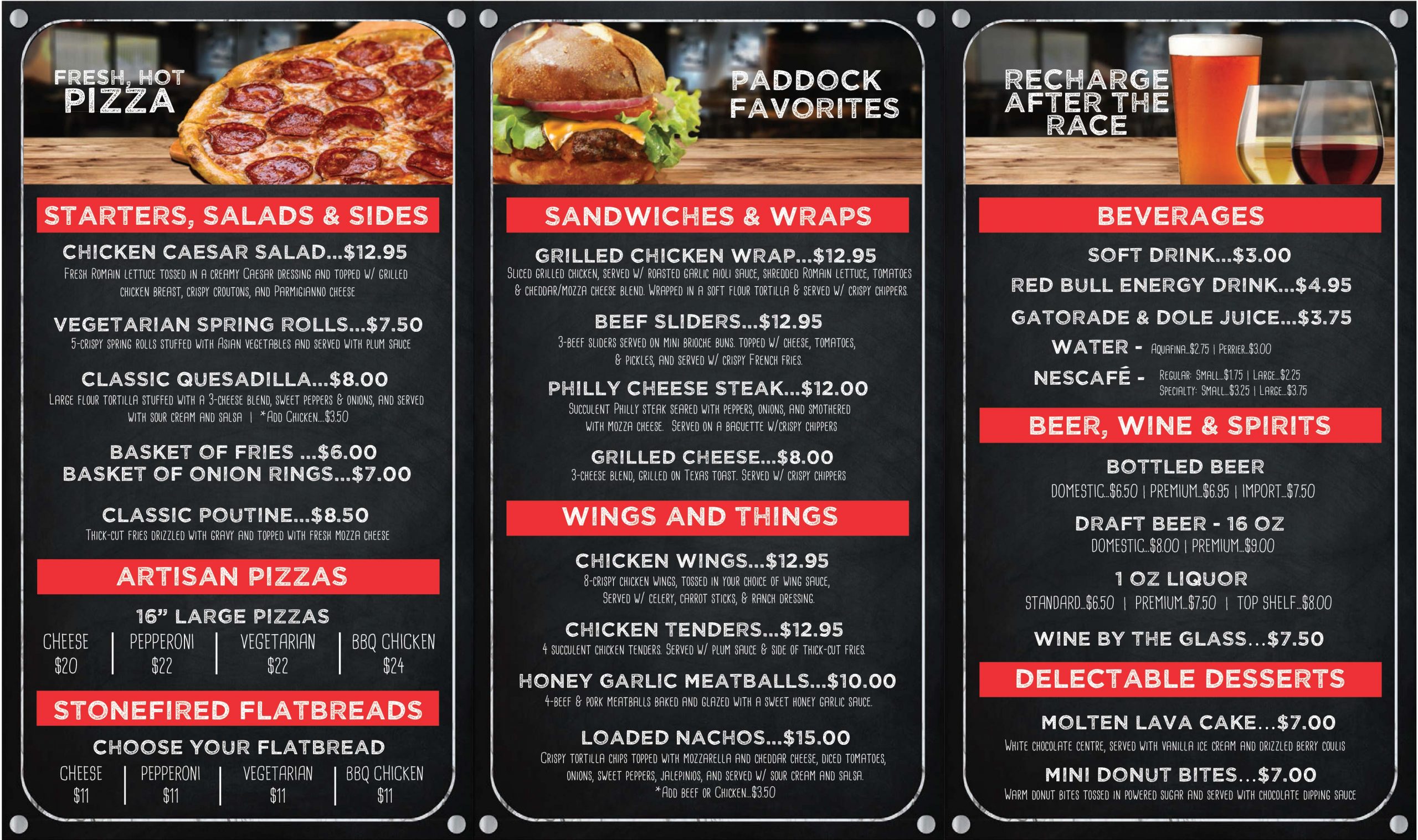 TOR Paddock Lounge Menu
