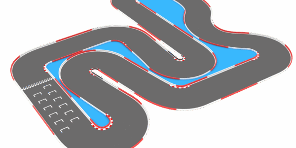 3D isometric illustration of a K1 Speed indoor go-kart track layout with red barriers and start line